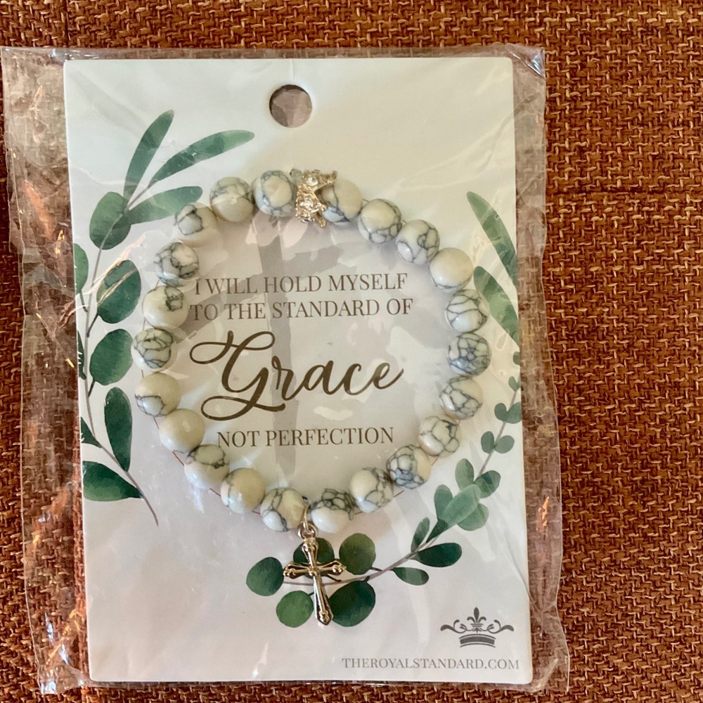 The‎ Royal Standard of Grace Bracelet White Howlite Gold Cross Crown Charm Beads